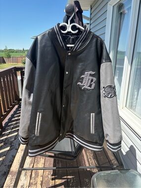Fubu Men's Black & Gray Varsity Leather Jacket